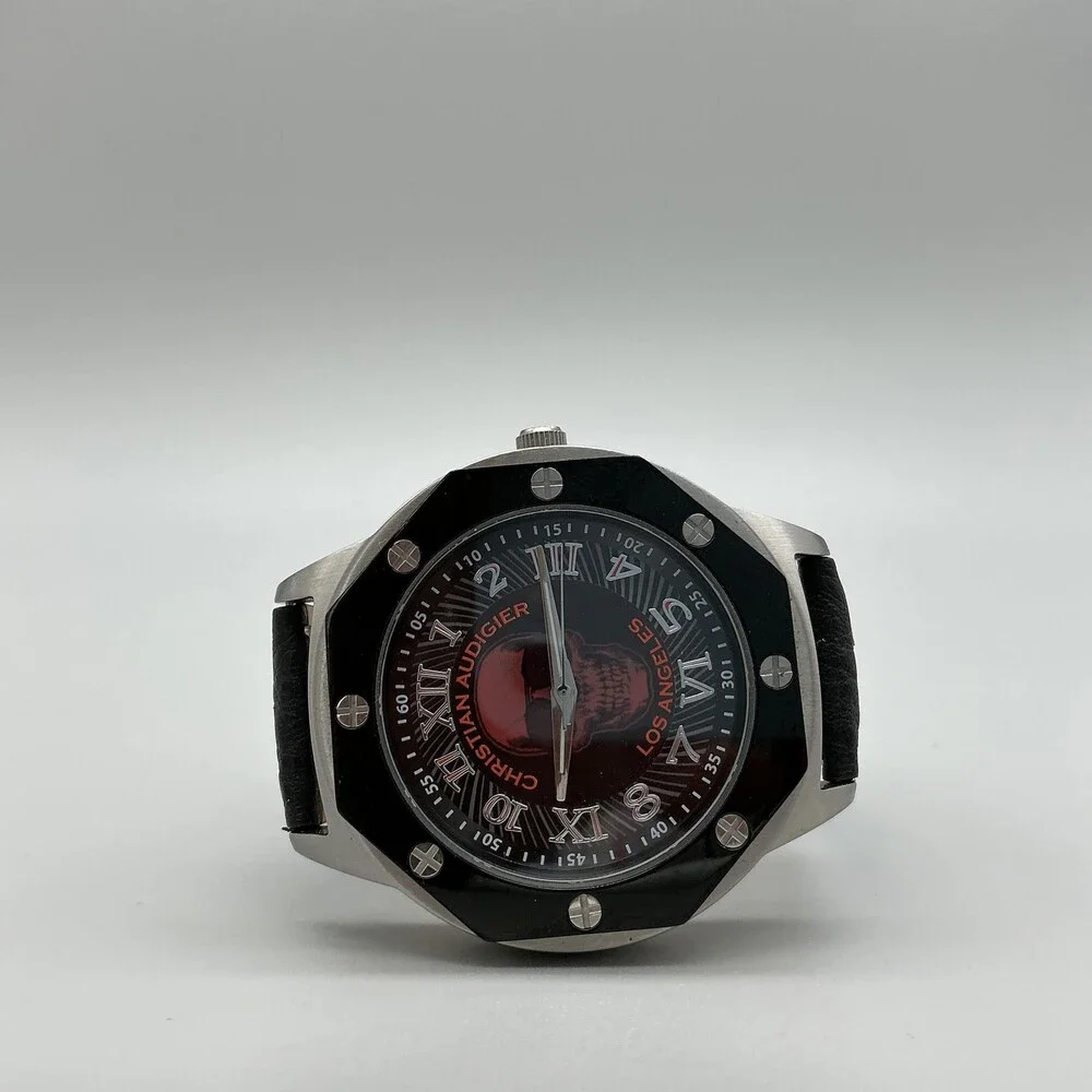 Christian Audigier Mens Watch 46mm Black Red Skull Dial Leather New Battery